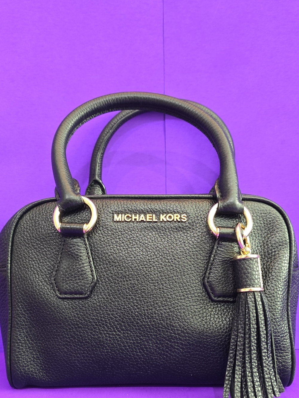 Michael Kors Black Pebbled Leather Satchel with Gold Accents